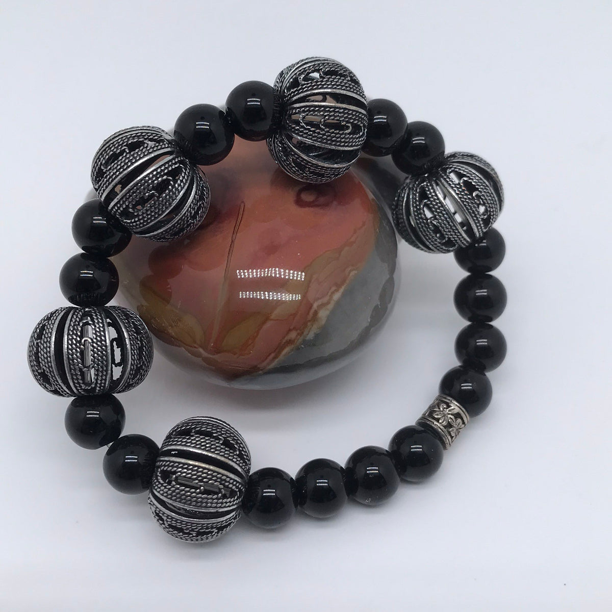 Bracelet obsidienne noire et perles argent 1031