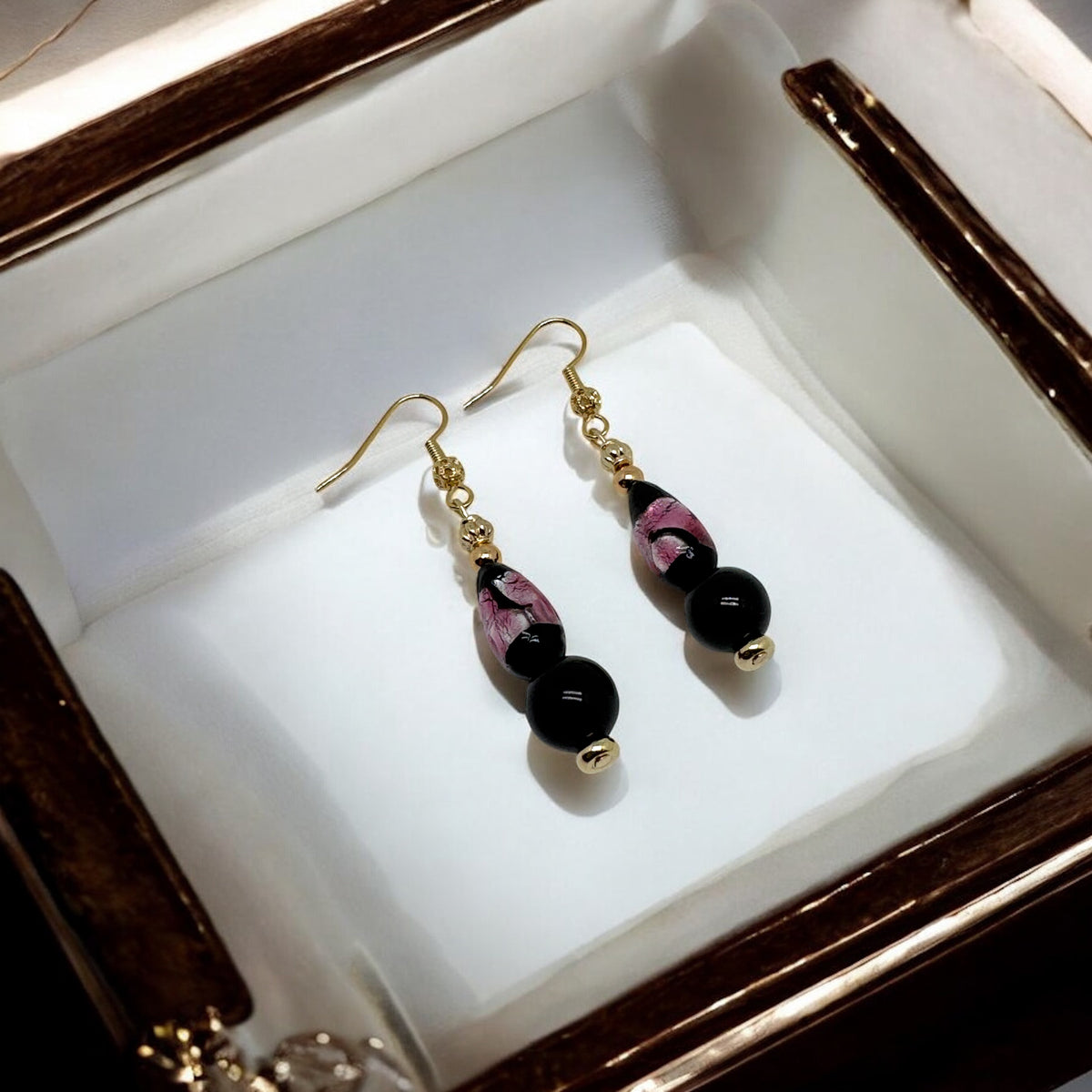 Boucles d’oreilles obsidienne et verre soufflé 3115