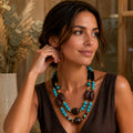 Collier double rang luxe bohème – Œil de tigre, howlite turquoise, bois & fermoir plaqué or
