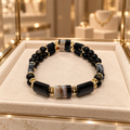 Bracelet luxe double rang obsidienne et agate noire veinée – 18 cm | Homme & Femme