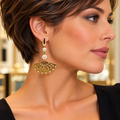 Boucles d’oreilles éventail doré et perles nacrées – Création artisanale - 65 mm