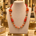 Collier d’Exception en Pierre de Pluie et Cornaline, Plaqué Or 18 Carats – 50 cm – Pièce Unique