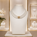 Collier Femme Triple Rang Perles Blanches 4 mm – Fleur Plaqué Or Sertie de Zirconiums