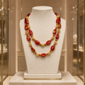 Collier double rang en jade corail, jade rouge et cornaline plaqué or