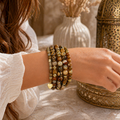 Bracelet manchette jaspe 5 rangs – mémoire de forme, laiton plaqué or – style bohème chic