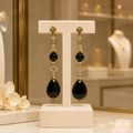 Boucles d’Oreilles Prestige en Obsidienne Noire Facettée – Goutte d’Obsidienne, Plaqué Or