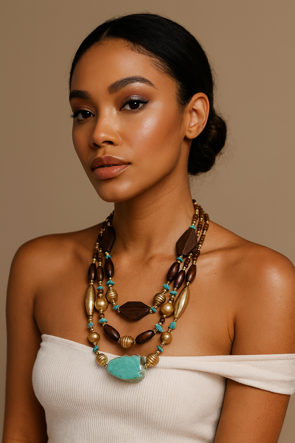 Collier ethnique en bois exotique et turquoise 2216