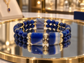 Bracelet double rang en lapis-lazuli et agate bleue – Homme et femme – 18, 18,5 ou 19,5 cm