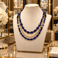 Collier Triple Rang Lapis-Lazuli Naturel – Plaqué Or 18 Carats - 46 cm