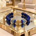 Bracelet Femme Lapis-Lazuli Naturel 8 mm, Émail Cloisonné Bleu et Perle Plaquée Or – 17 ou 18 cm