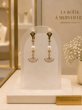 Boucles d’Oreilles Éventail Plaqué Or, Perles de Coquillage & Zirconiums