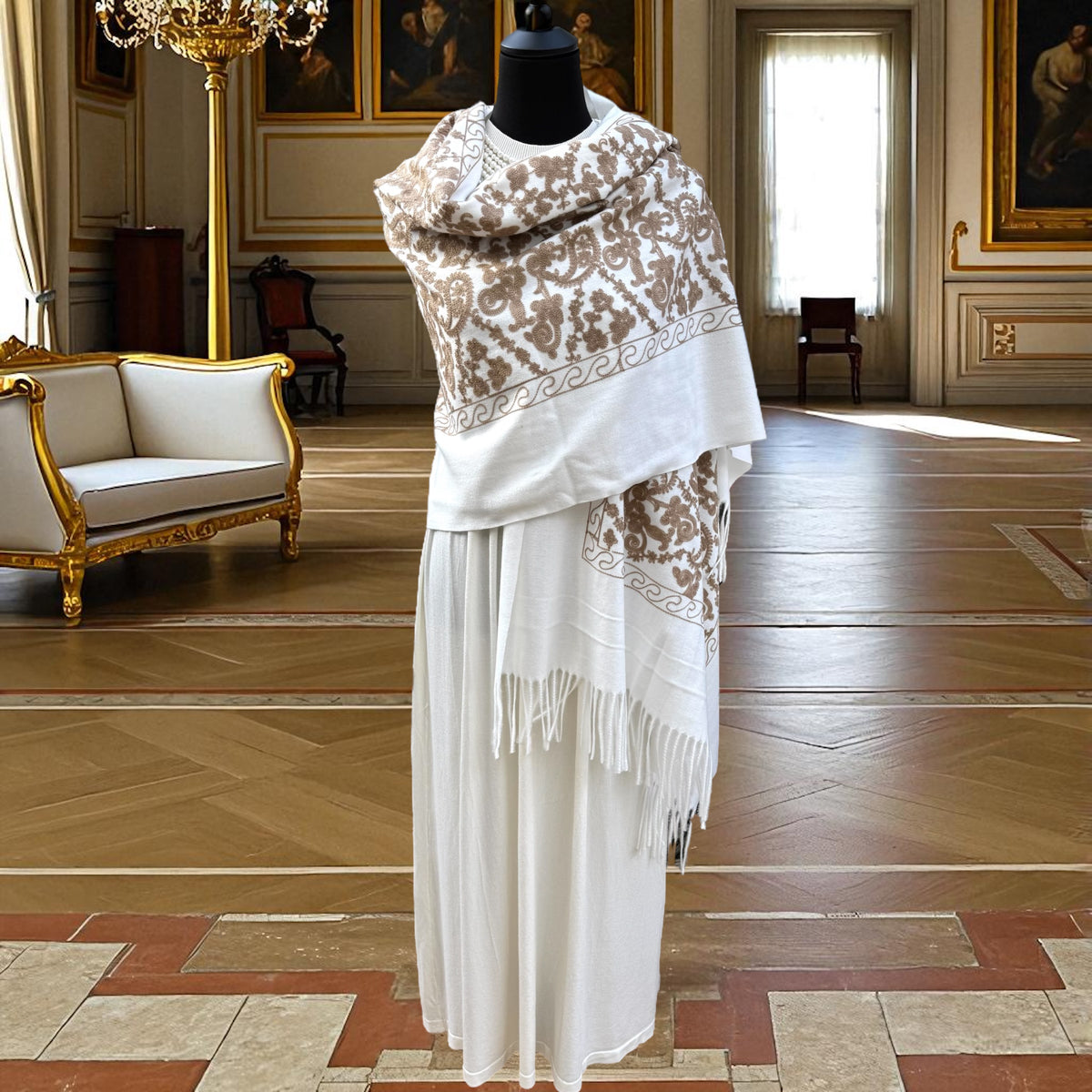 Étole en cachemire blanc brodé 4085