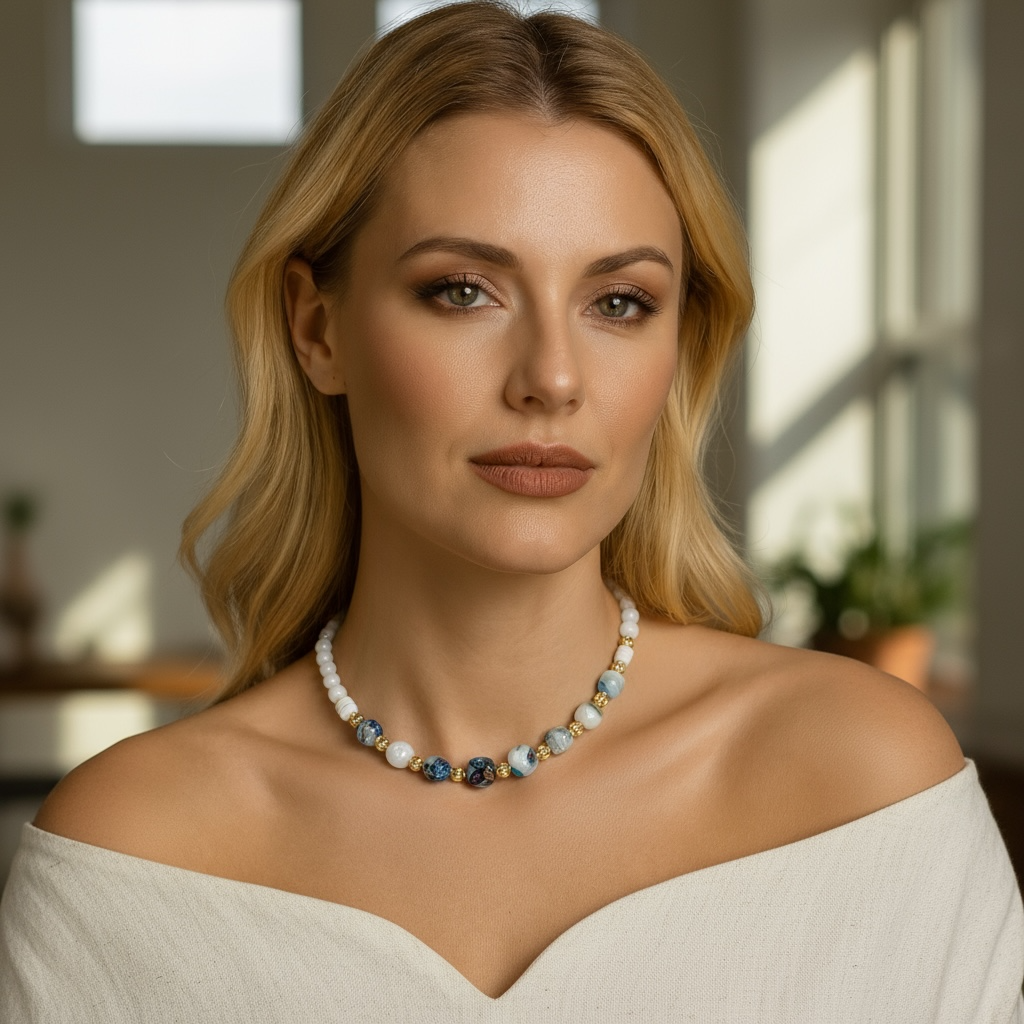 Collier en jade blanc et perles mille fleurs 2241