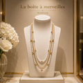 Collier Sautoir Triple Rang Perles de Coquillage & Zirconiums Plaqué Or 18 Carats