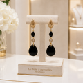 Boucles d’Oreilles Prestige en Obsidienne Noire – Plaqué Or, Cristal Taillé & Zirconiums | Création Artisanale de Luxe
