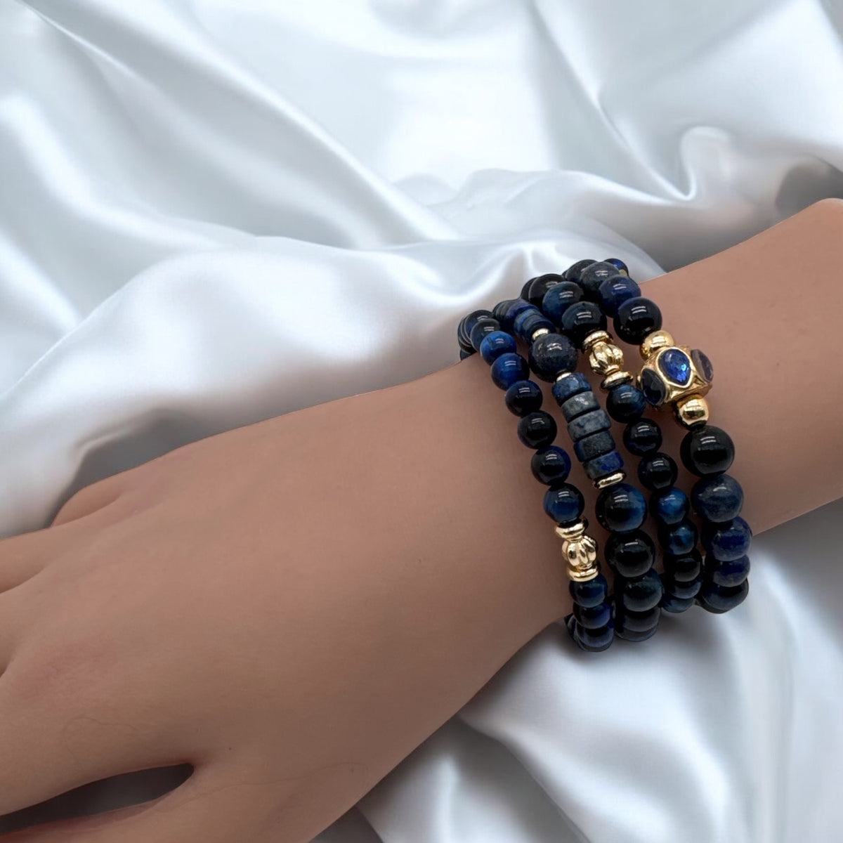 Bracelet manchette lapis-lazuli et œil de tigre bleu 1198