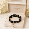 Bracelet mémoire de forme 4 rangs en Obsidienne noire et Cristal taillé – cœur zirconium plaqué or