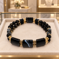 Bracelet luxe double rang obsidienne et agate noire veinée – 17,5 cm | Homme & Femme