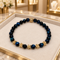 Bracelet œil de tigre bleu paon et plaqué or – 17 cm