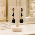 Boucles d’oreilles longues en obsidienne noire, cristal taillé et plaqué or 18 carats