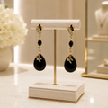 Boucles d’Oreilles Luxe en Obsidienne Noire – Plaqué Or, Cristal Facetté & Zirconiums | Création Artisanale Cornélie