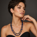 Collier Double Rang Lapis-Lazuli 4 mm – Fleurs Sculptées & Plaqué Or | Bijou Artisanal Luxe