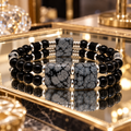 Bracelet Double Rang Homme & Femme en Obsidienne Flocon de Neige – 18 cm