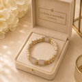 Bracelet double rang en Howlite beige et Pierre de Lune – Laiton plaqué or – Bijou unisexe 18 cm
