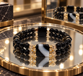 Bracelet double rang en obsidienne et agate – Plaqué or – Unisexe 18,5 cm