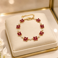 Bracelet Fleur Rouge Plaqué Or & Perles de Coquillage – Cristal taillé Rouges