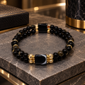 Bracelet double rang en obsidienne et agate – Plaqué or – Unisexe 18,5 cm