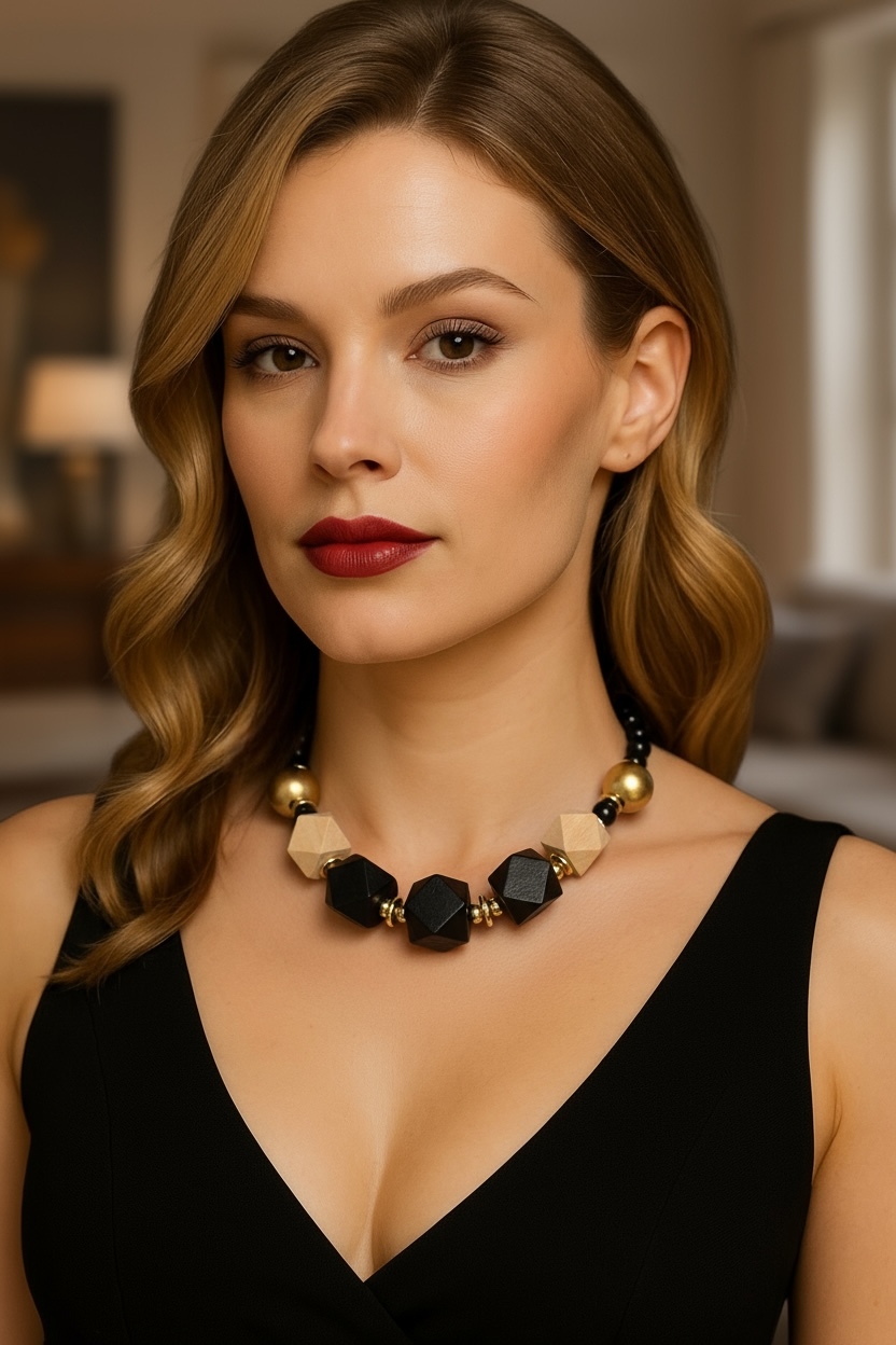 Collier en obsidienne et perles de bois 2227￼