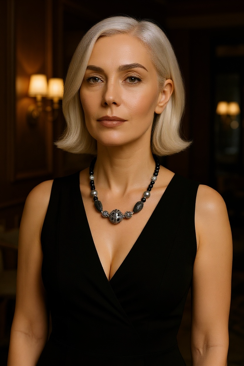 Collier en obsidienne naturelle et perles cisellees 2235