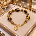 Bracelet femme en bakélite marbrée et jaspe naturel – Cœur doré martelé – 18,8 cm