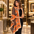 Écharpe 100 % cachemire orange à motifs calèches – 65 × 200 cm