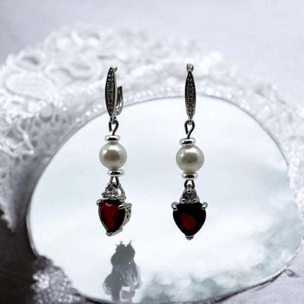 Boucles D'oreilles Argent Sterling Avec Perles De Culture Et Grenat/tourmaline - Neuf Avec étiquettes - Marque Rose-Mimosa