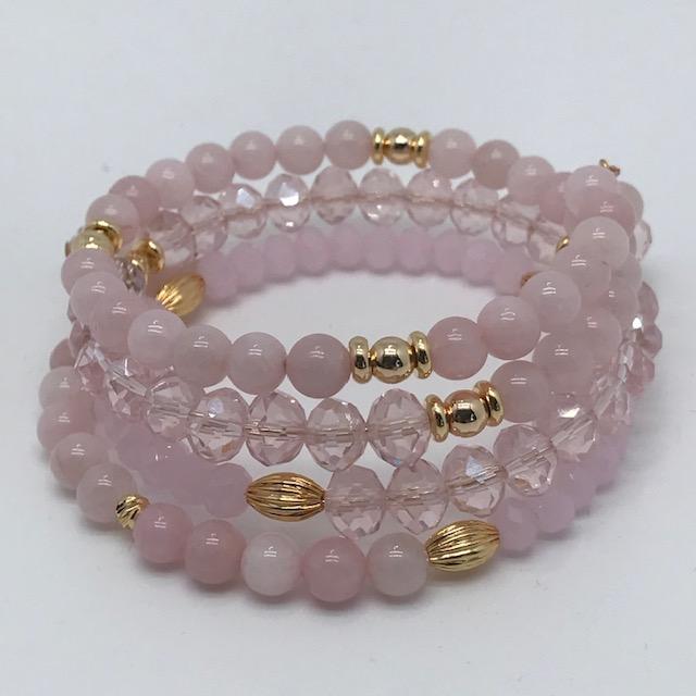Bracelet manchette à mémoire de forme en quartz rose et cristal taillé 1063
