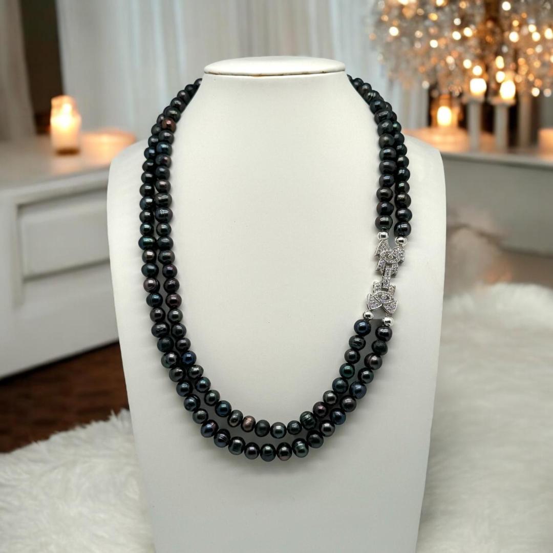 Collier double rangs en perles noires d'eau douce 2162