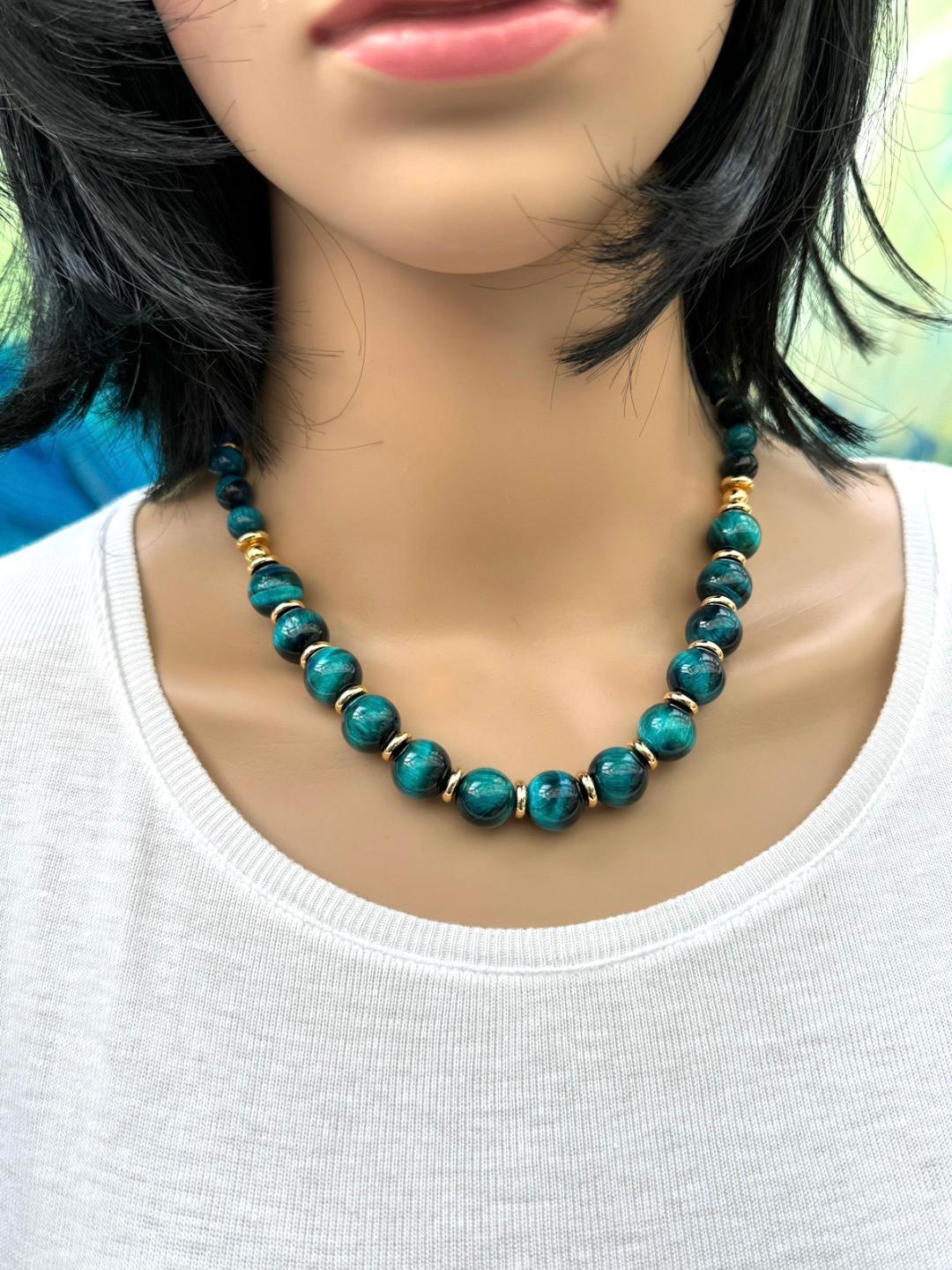 Collier en oeil de tigre bleu-vert 2128