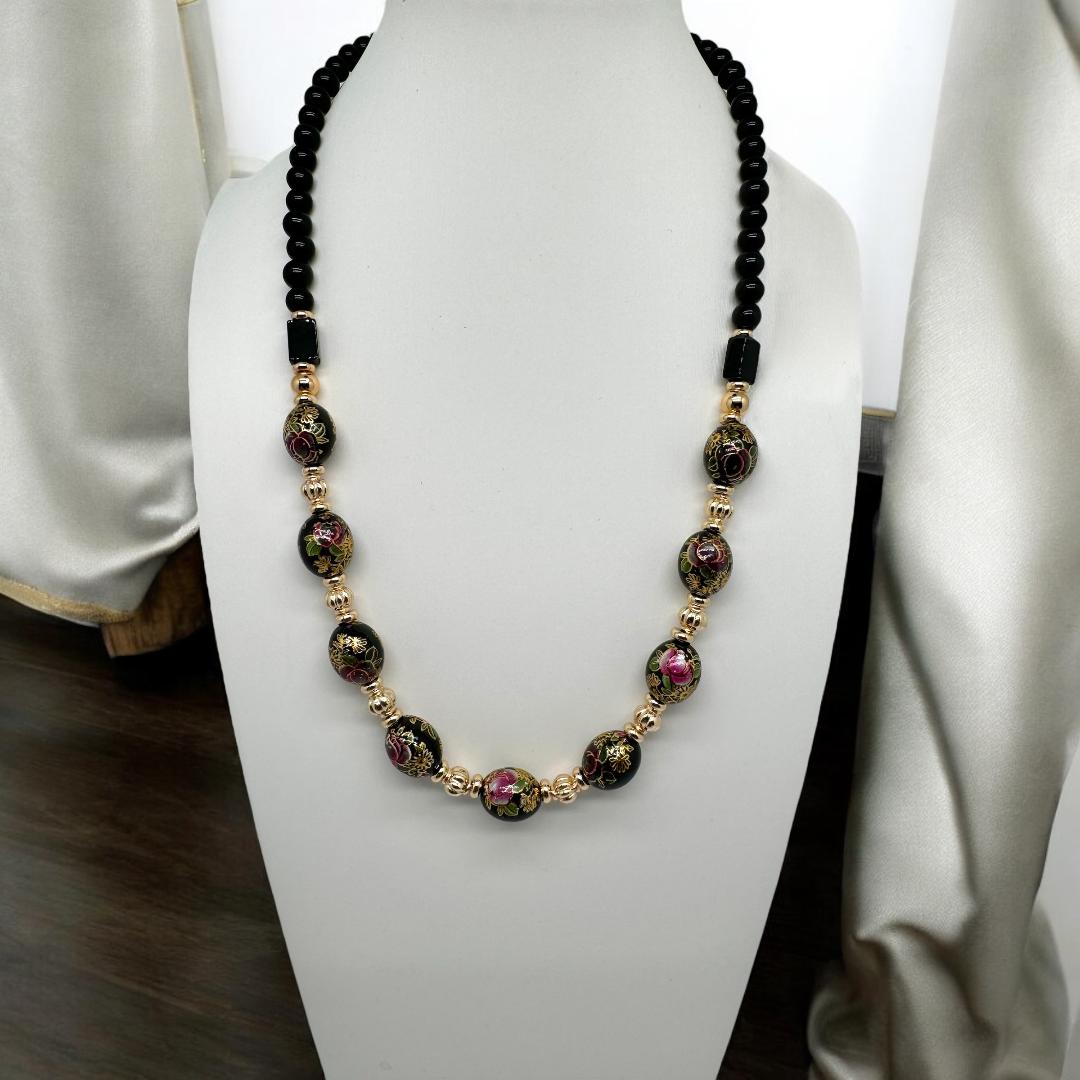 Collier en perles japonaises peintes et obsidienne 2156