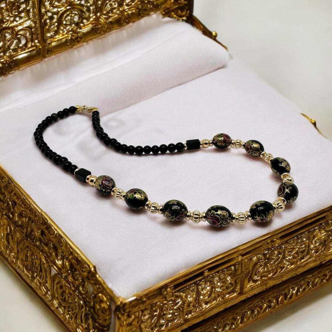 Collier en perles japonaises peintes et obsidienne 2156