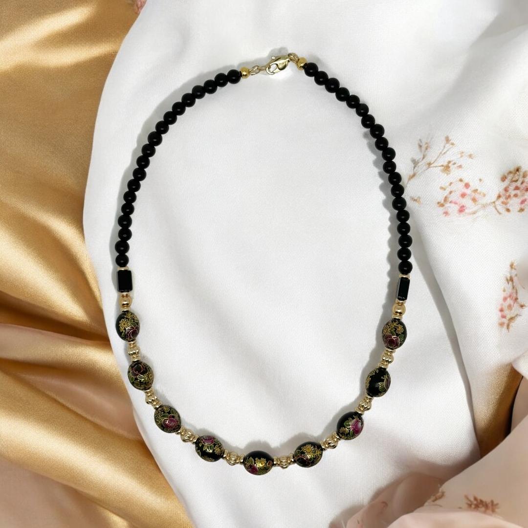 Collier en perles japonaises peintes et obsidienne 2156