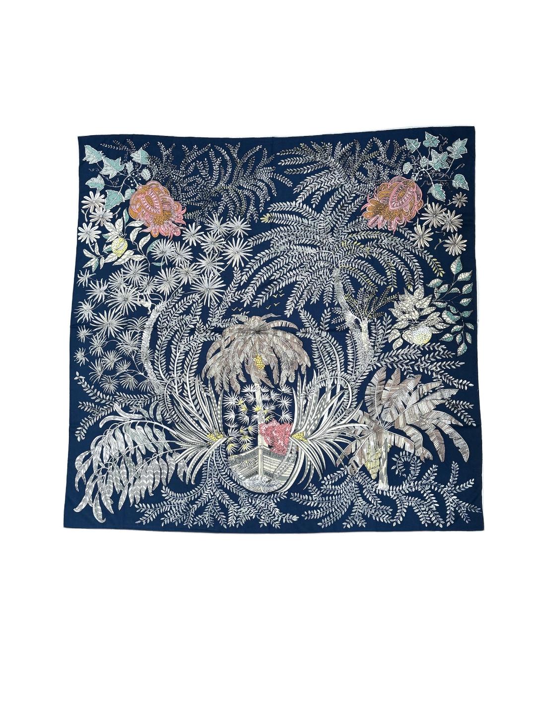 Foulard soie et cachemire motifs bleus 4036