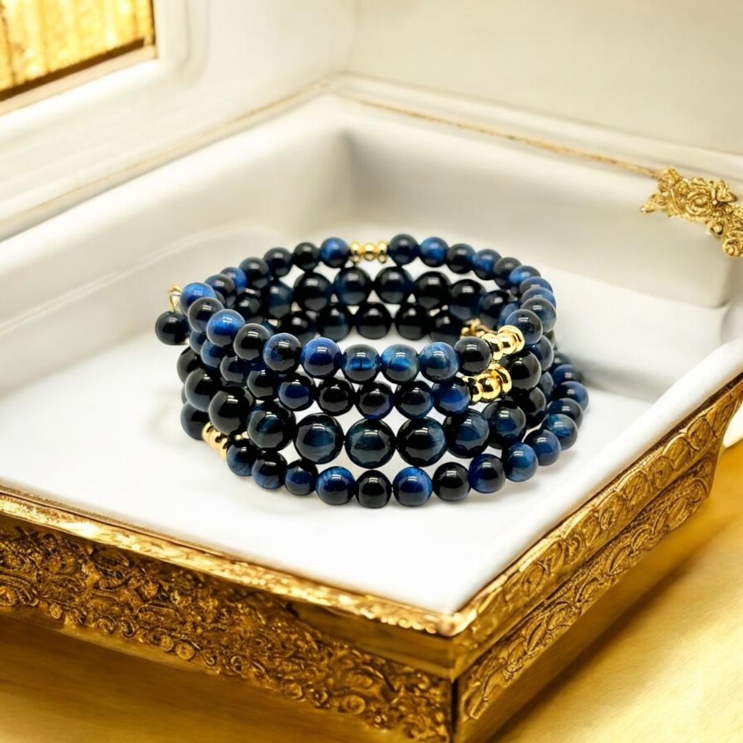 Bracelet manchette 4 rangs en oeil de tigre bleu 1131