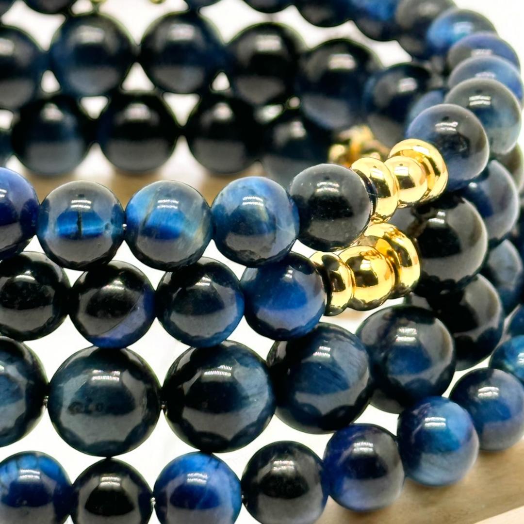 Bracelet manchette 4 rangs en oeil de tigre bleu 1131