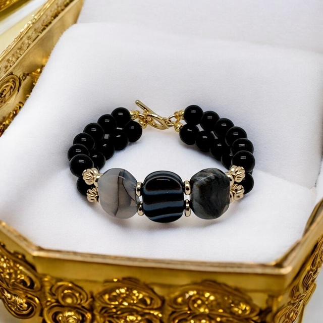 Bracelet double rangs obsidienne naturelle 1117