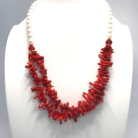 Collier double rang perles naturelles et corail rouge 2046